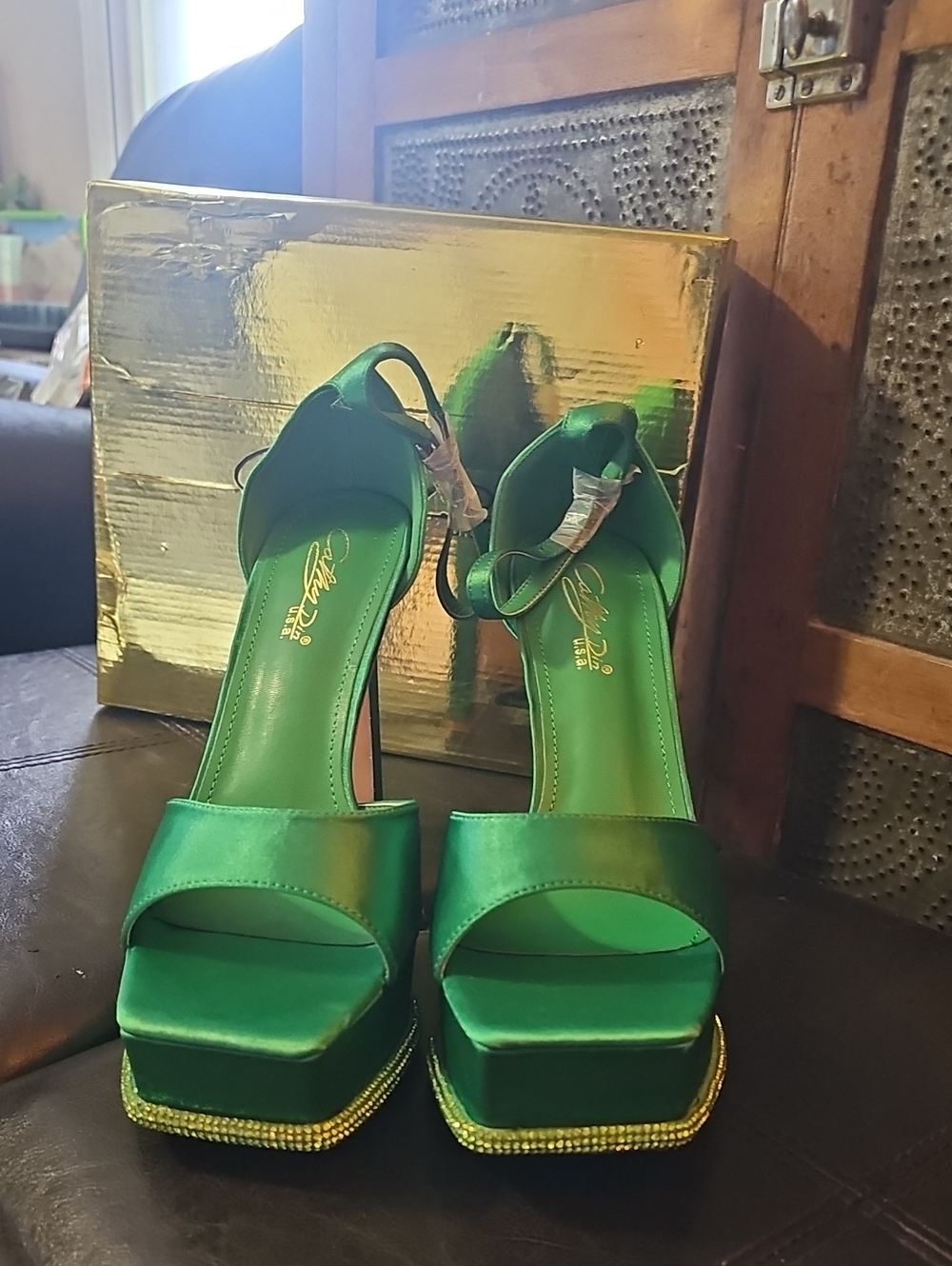 Green Satin Platform Sandals with Ankle Strap